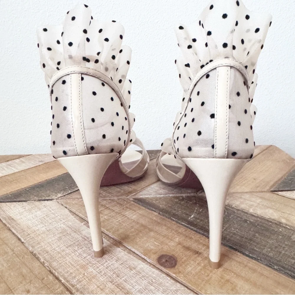 BCBGMaxazria Stella Sandal Cream Ruffle Polka Dot Heels - Picture 11 of 14